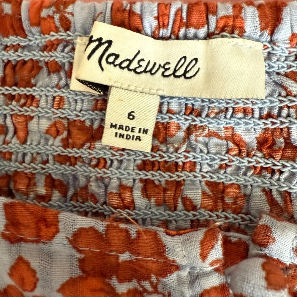 Madewell Shirt Size 6 Medium Button Front Smocked Back Top Floral Blue Orange - Picture 3 of 3